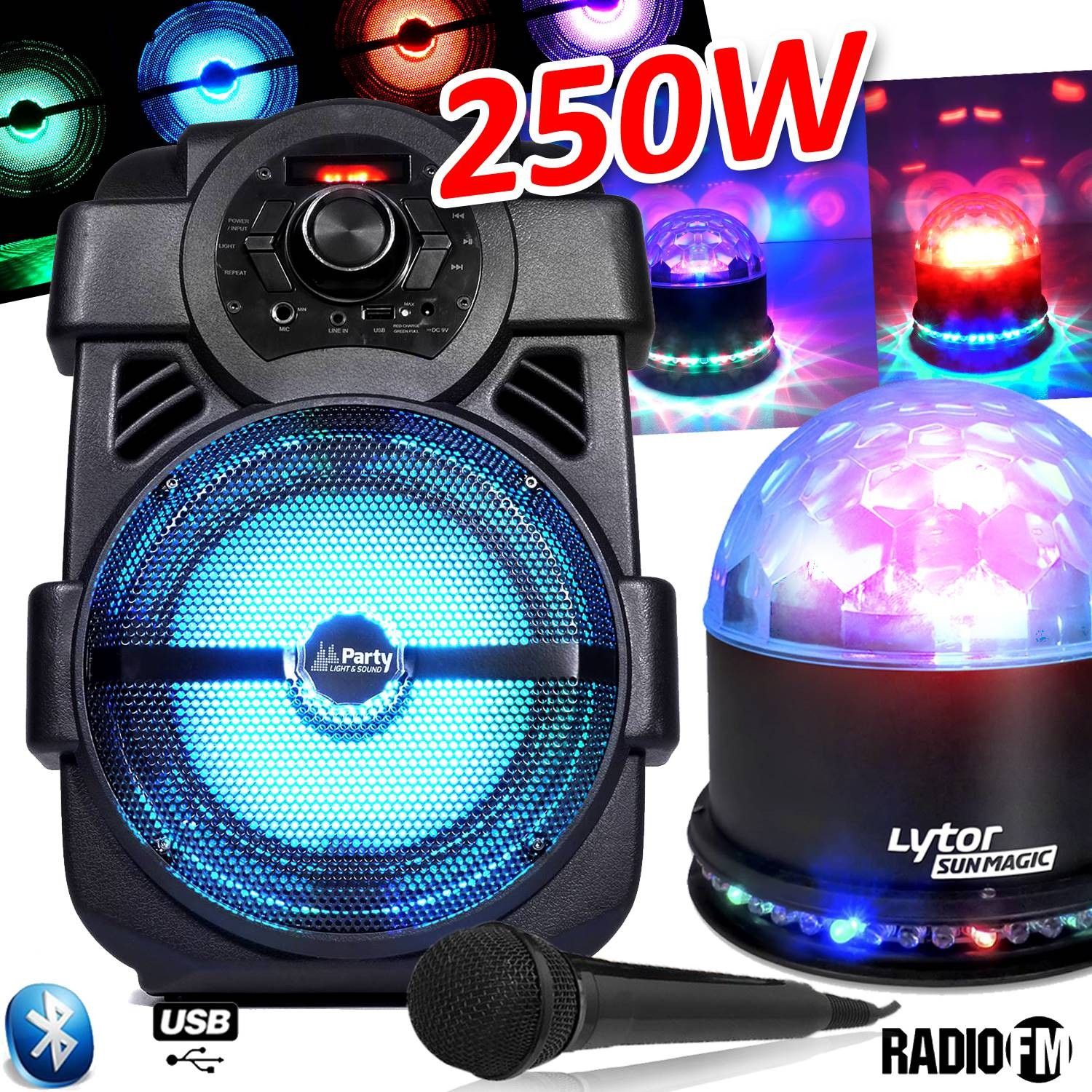 Party Light & Sound Kids Karaoke Speaker 250W Portable Battery Micro Handy180 with USB/Bluetooth/FM Radio + SunMagic