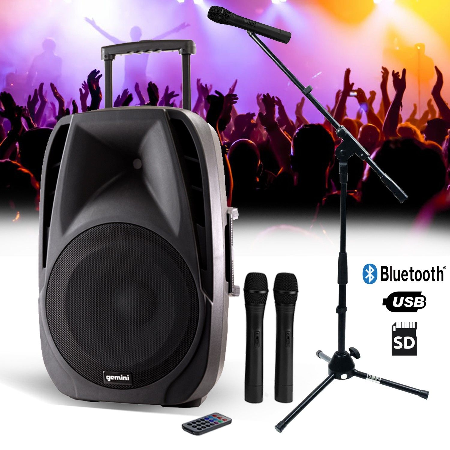 Gemini ES15-TOGO 15" Active Speaker - 800W - USB/SD/BT + 2 Wireless Mics + Stand + Tripod