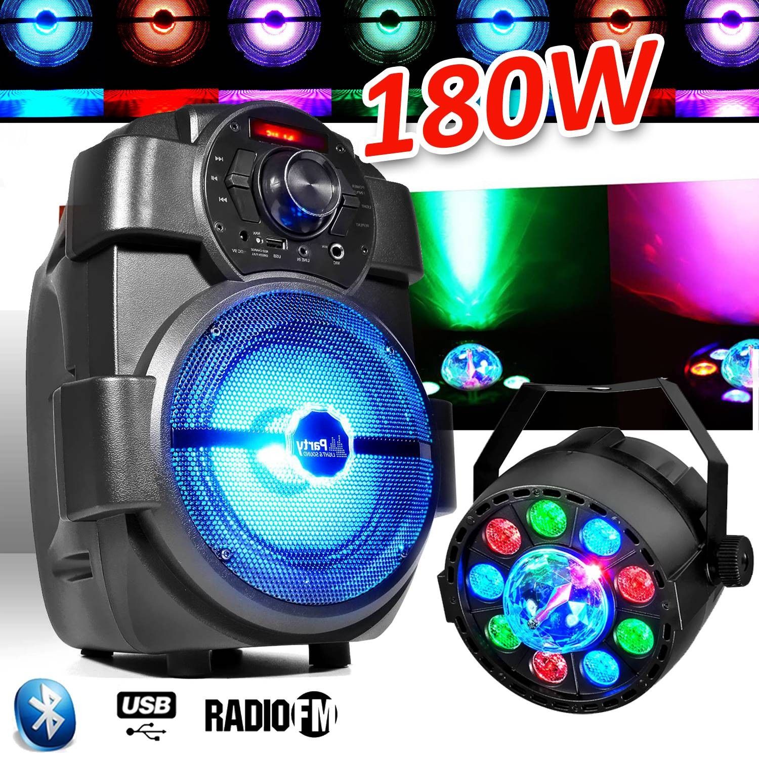 Altavoz portátil para karaoke infantil de 180W con batería, USB/Bluetooth/Radio FM + luces PAR
