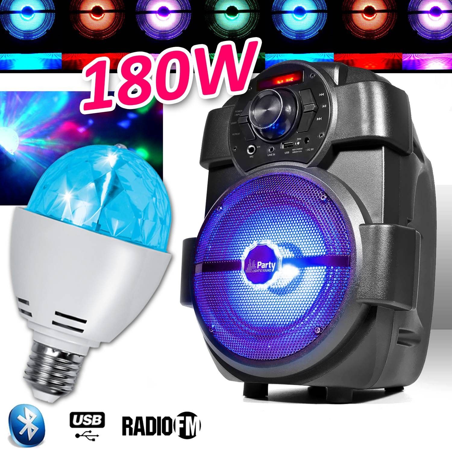 Altavoz para karaoke infantil PM 180W con batería, USB/Bluetooth/Radio FM + bombilla LED