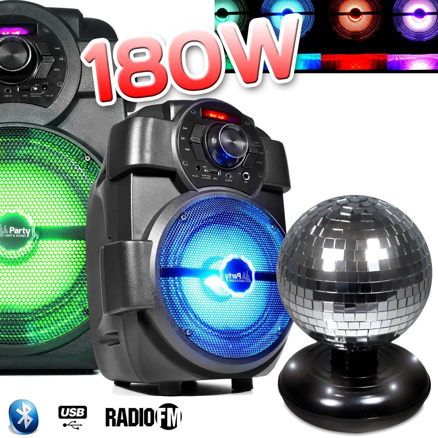 PM Kids Karaoke Speaker 180W Portable Battery with USB/Bluetooth/FM Radio + Facet Ball