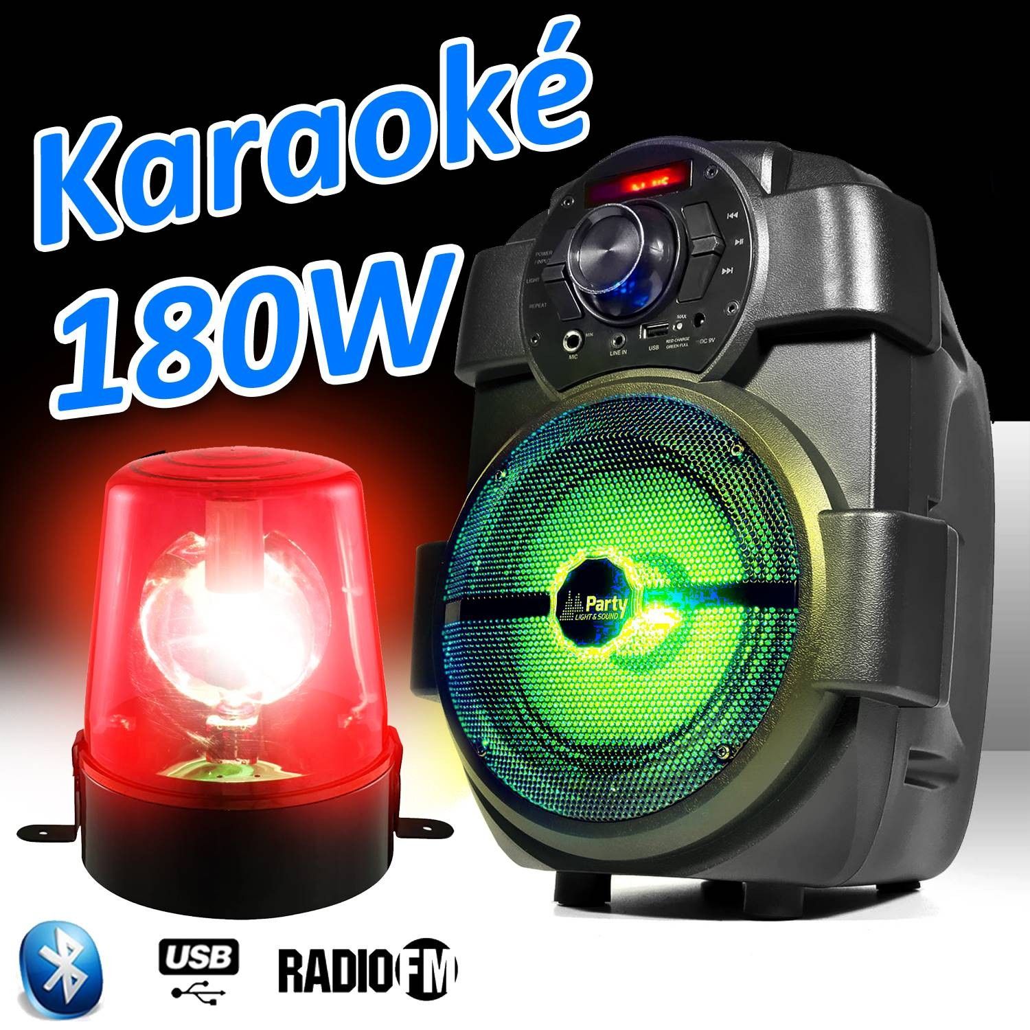 PM Kids Karaoke Speaker 180W Portable Battery with USB/Bluetooth/FM Radio + Red Gyro Light