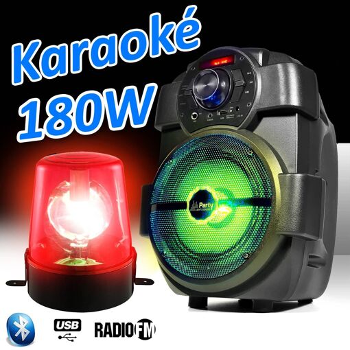 Altavoz PM Karaoke para Niños de 180W con Batería Portátil USB/Bluetooth/Radio FM + Lámpara Giratoria Roja