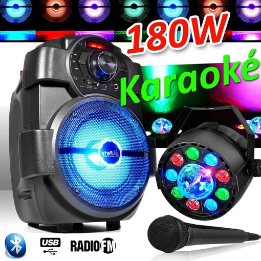 Altavoces para karaoke infantil PM 180W portátiles con micrófono USB/Bluetooth/FM Radio + espectáculo de luces