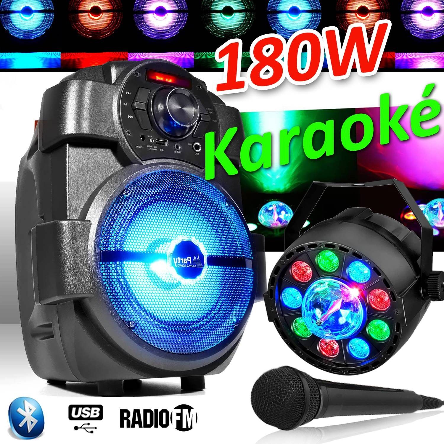 Altavoces para karaoke infantil PM 180W portátiles con micrófono USB/Bluetooth/FM Radio + espectáculo de luces