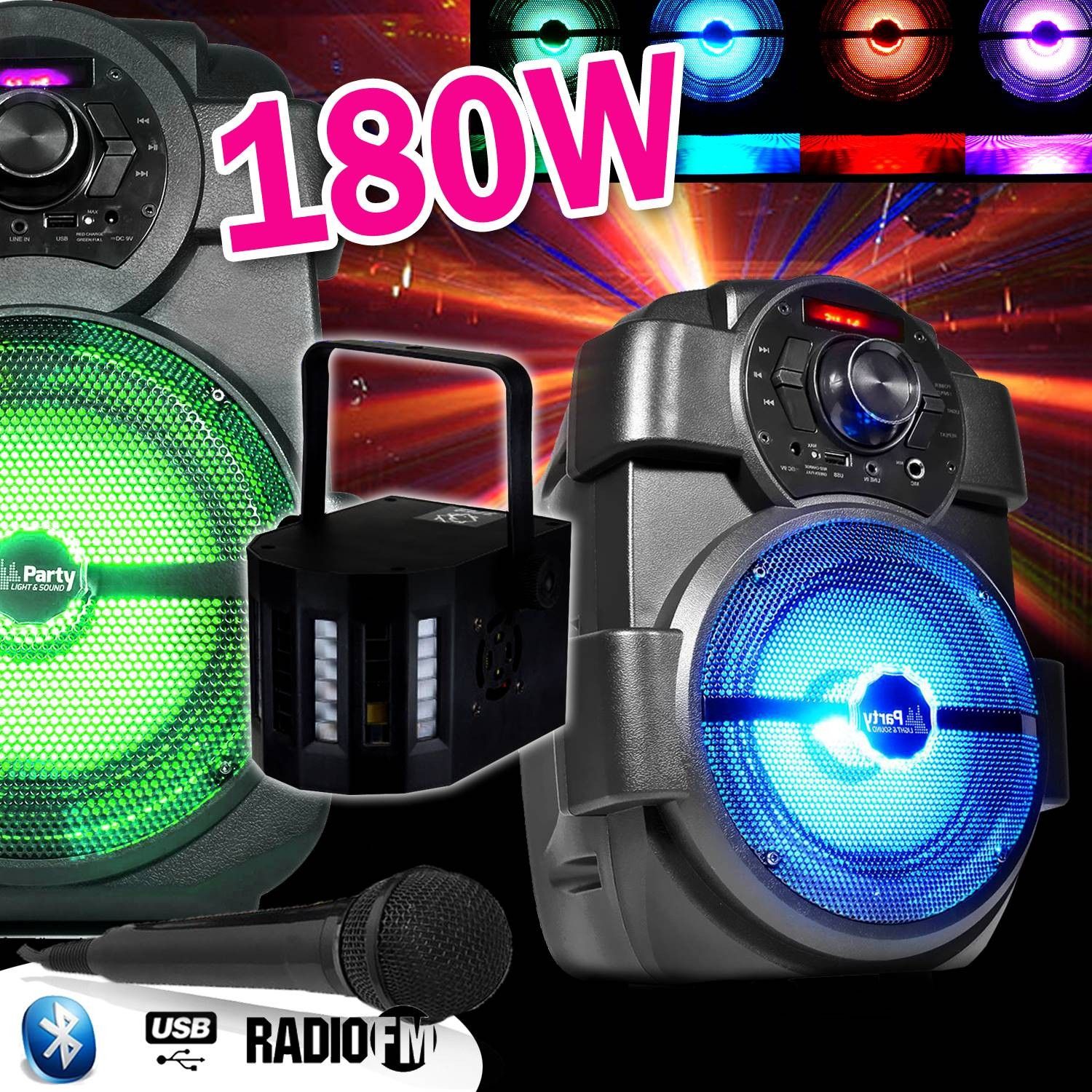 Altavoces para karaoke infantil PM de 180W con batería recargable, USB/Bluetooth/Radio FM + espectáculo de luces