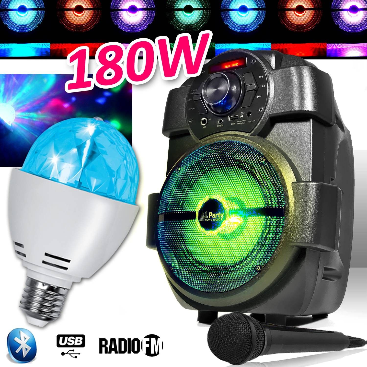 Altavoces para karaoke infantil PM 180W portátiles con micrófono USB/Bluetooth/Radio FM + luzes LED 4
