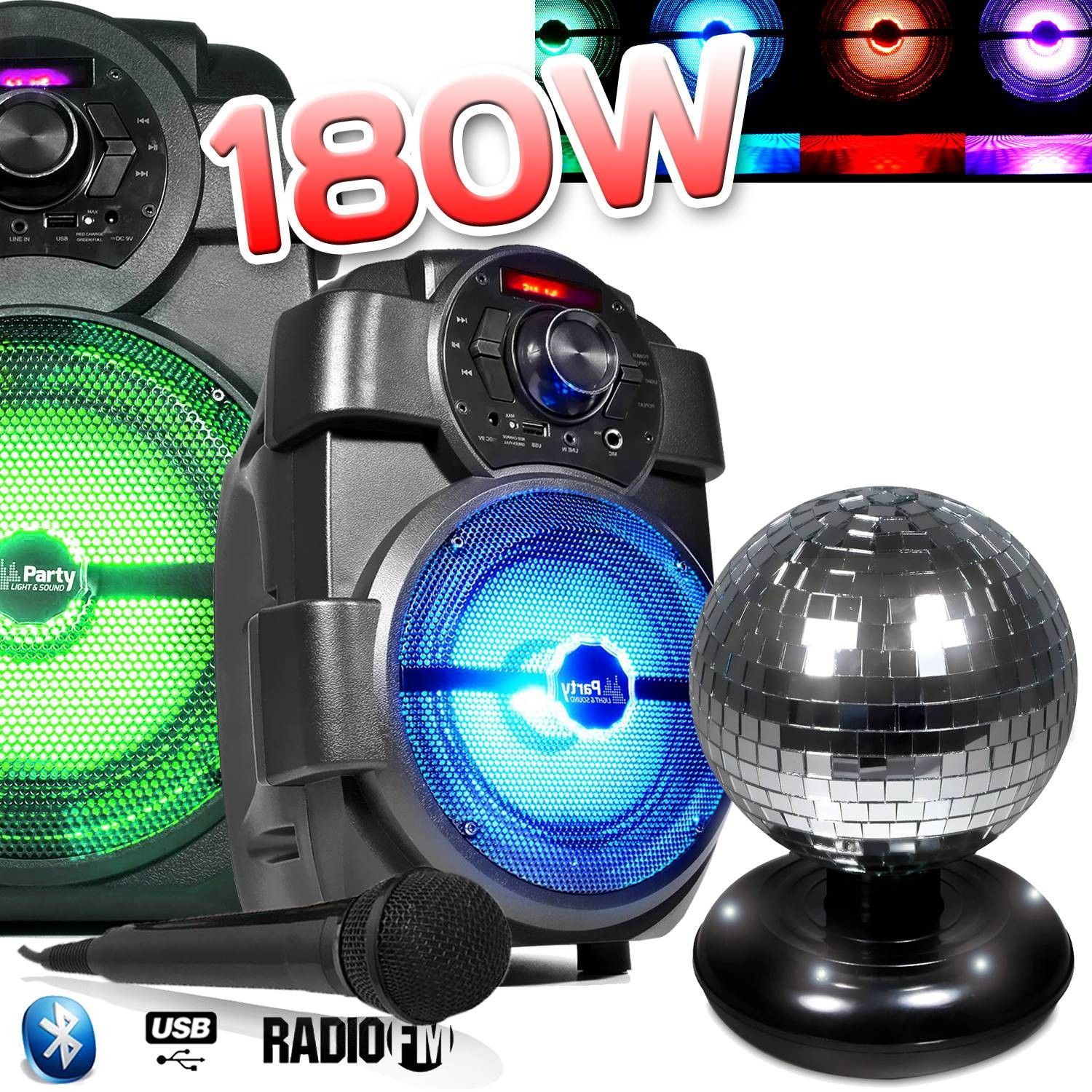 Altavoz portátil para karaoke infantil PM de 180W con batería, USB/Bluetooth/Radio FM + Esfera de luces facetadas