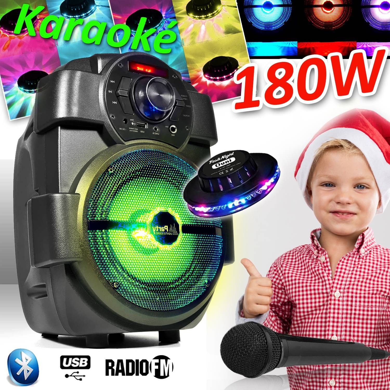 Altavoz para karaoke infantil PM con batería de 180W, USB/Bluetooth y radio FM + efectos de luz LED