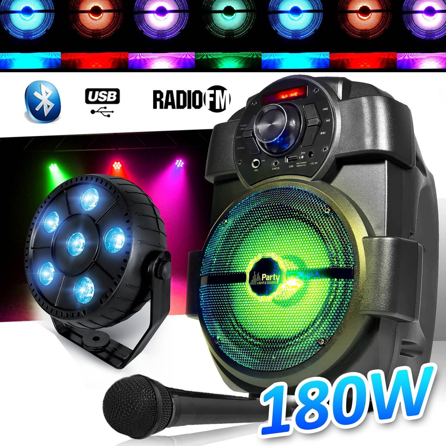 Haut-parleur PM Karaoké Enfants 180W portable à batterie avec micro USB/Bluetooth/Radio FM + boule d'effets lumineux