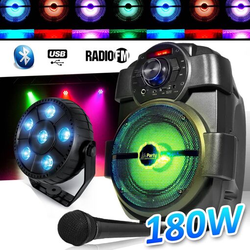 Altavoz PM Karaoke para Niños 180W con Batería Portátil, USB/Bluetooth/Radio FM + Esfera de Efectos Luminosos