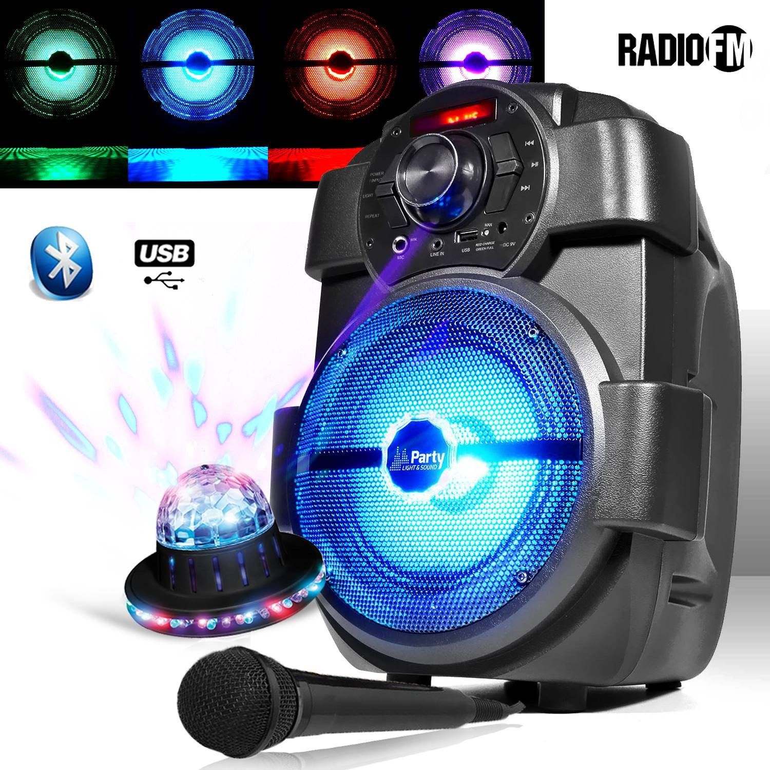Altavoz portátil PM Karaoke para Niños de 180W con Micrófono, USB/Bluetooth/Radio FM + Iluminación