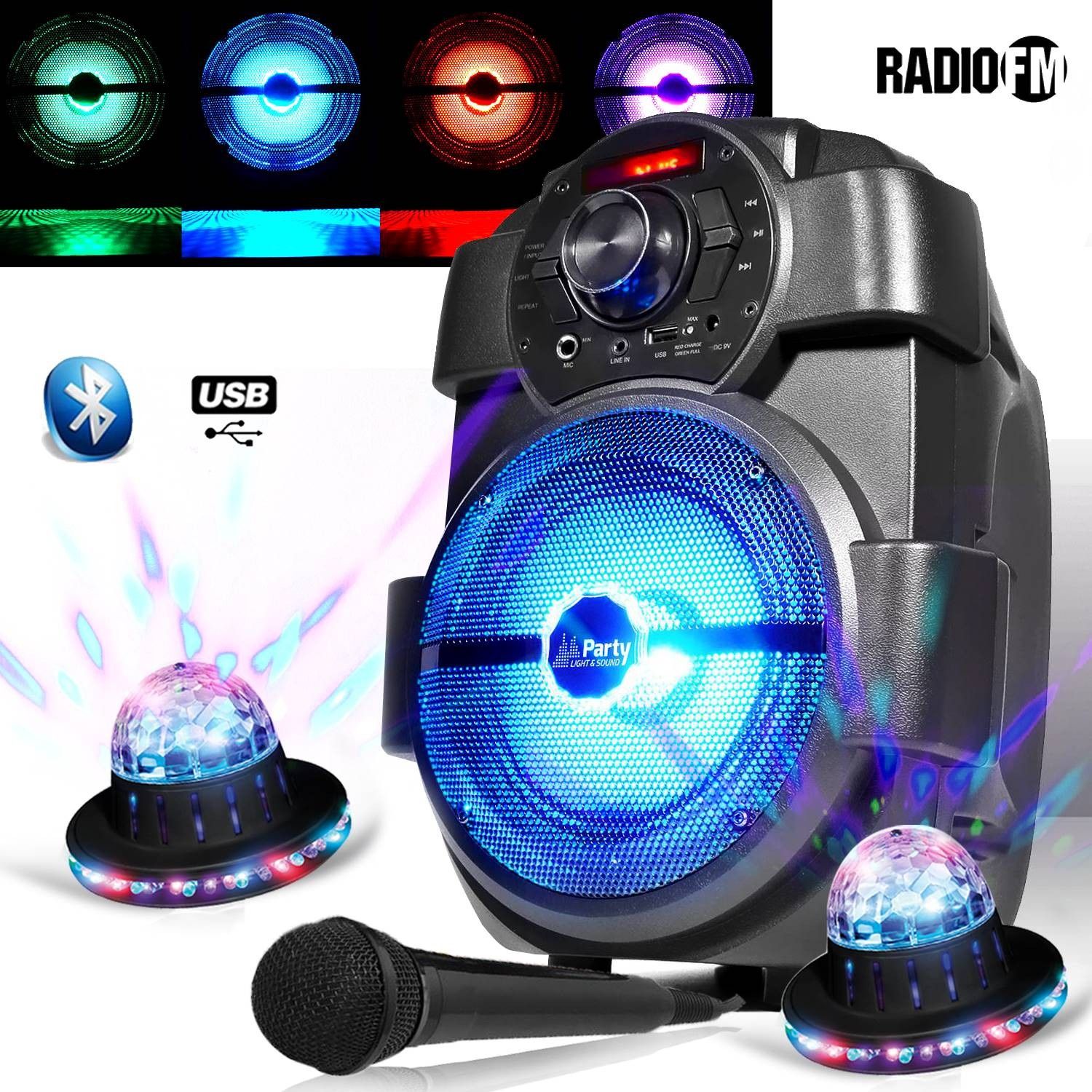 Altavoz para karaoke infantil PM 180W con batería recargable, Bluetooth, radio FM y 2 efectos de luz