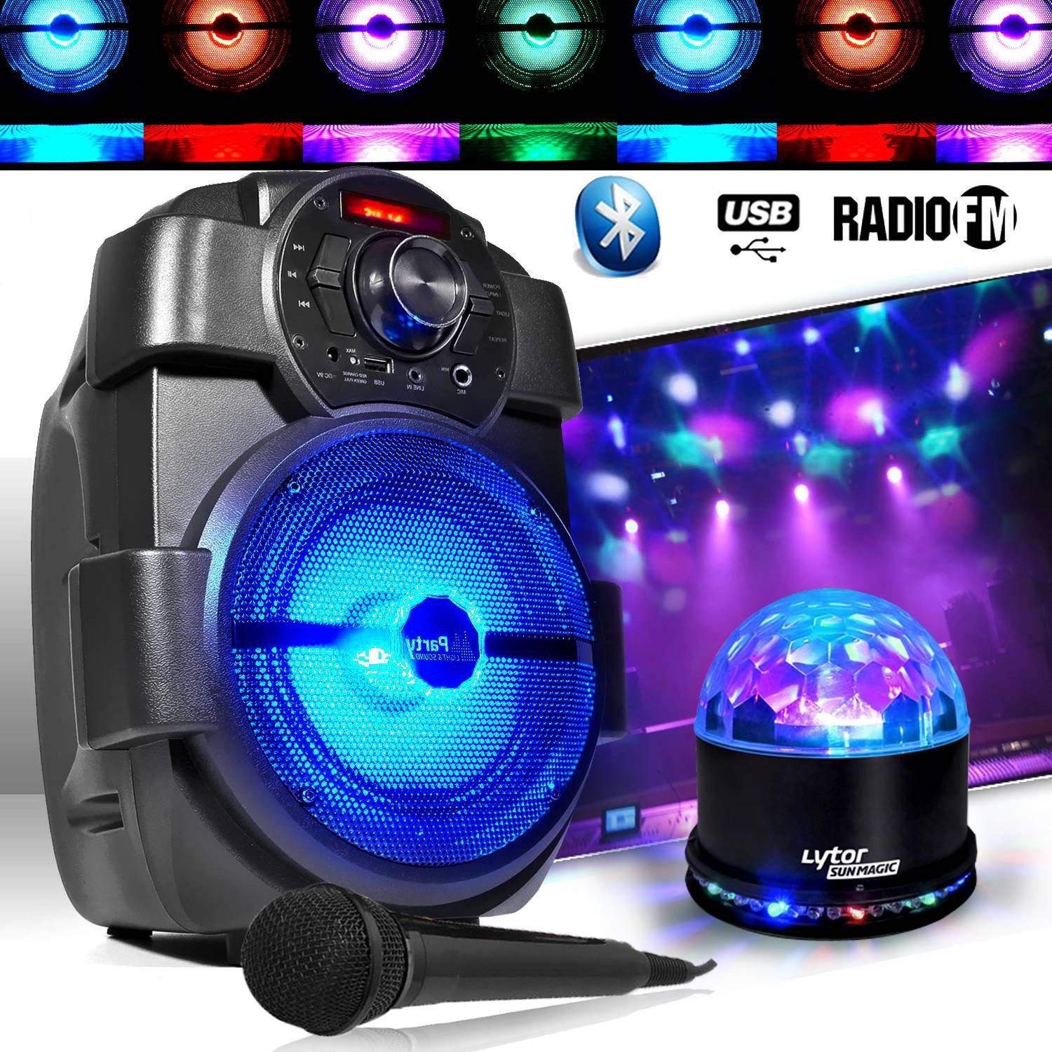 Altavoz de karaoke infantil PM 180W portátil con micrófono Bluetooth USB/Bluetooth/Radio FM + SunMagic