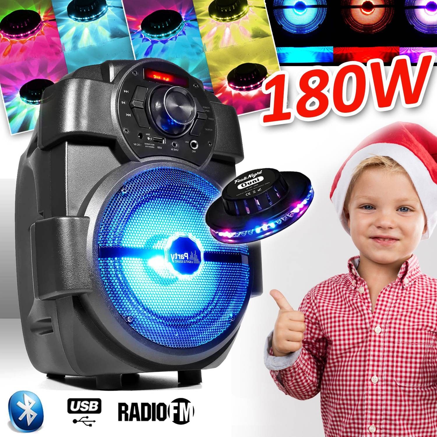 Altavoz portátil para karaoke infantil de 180W con batería, USB/Bluetooth/Radio FM + Efectos de Luz