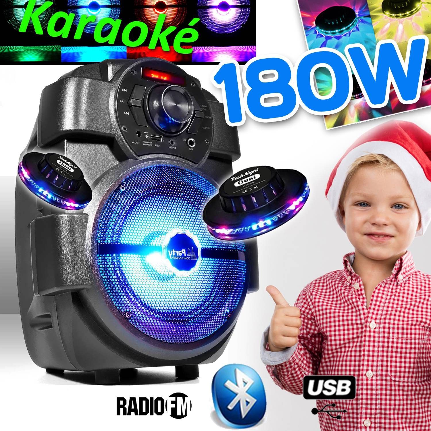 Altavoz PM Karaoke para Niños 180W portátil con batería USB/Bluetooth/Radio FM + 2 luces OVNIs