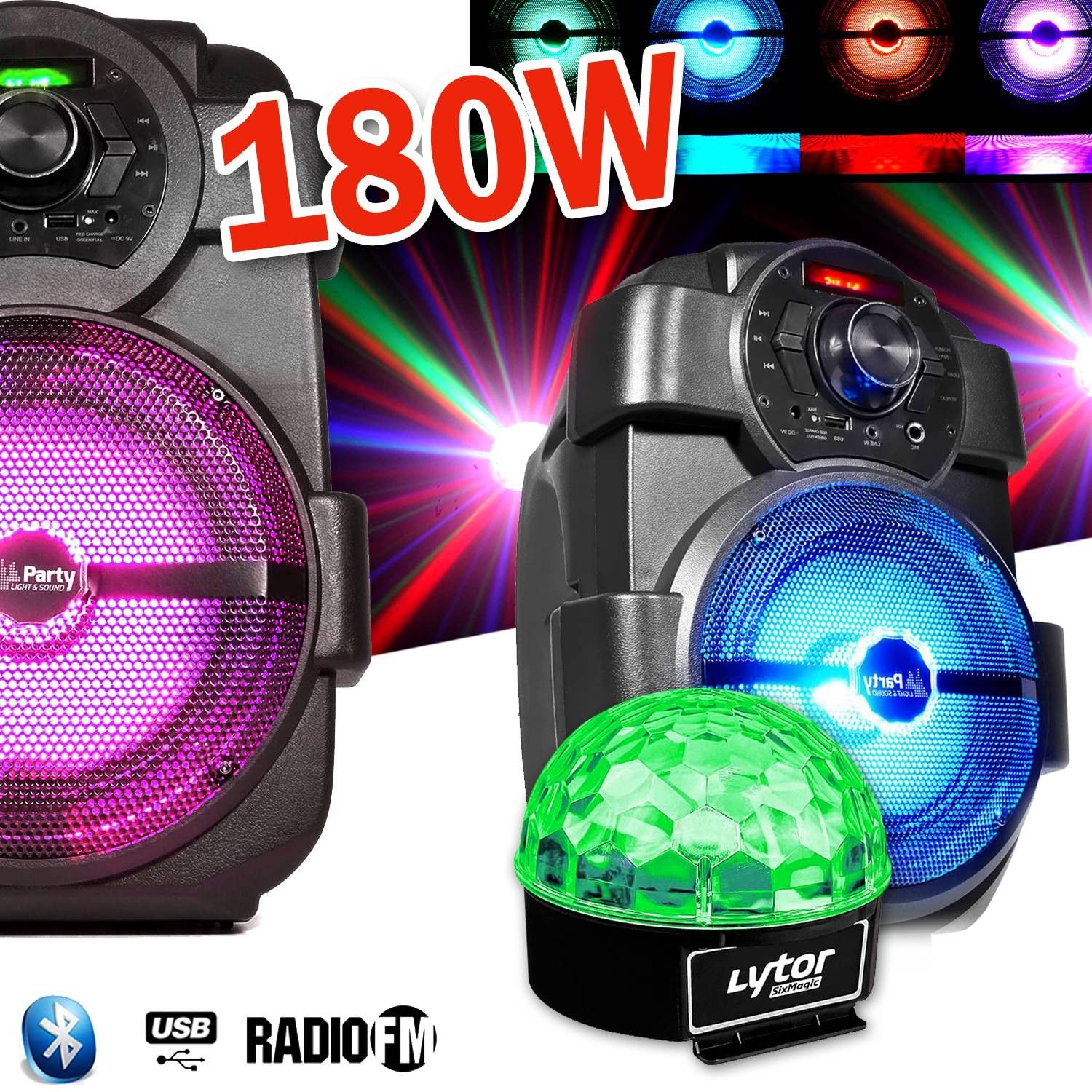 Altavoces para karaoke infantil PM 180W portátiles con batería, USB/Bluetooth/radio FM + SixMagic