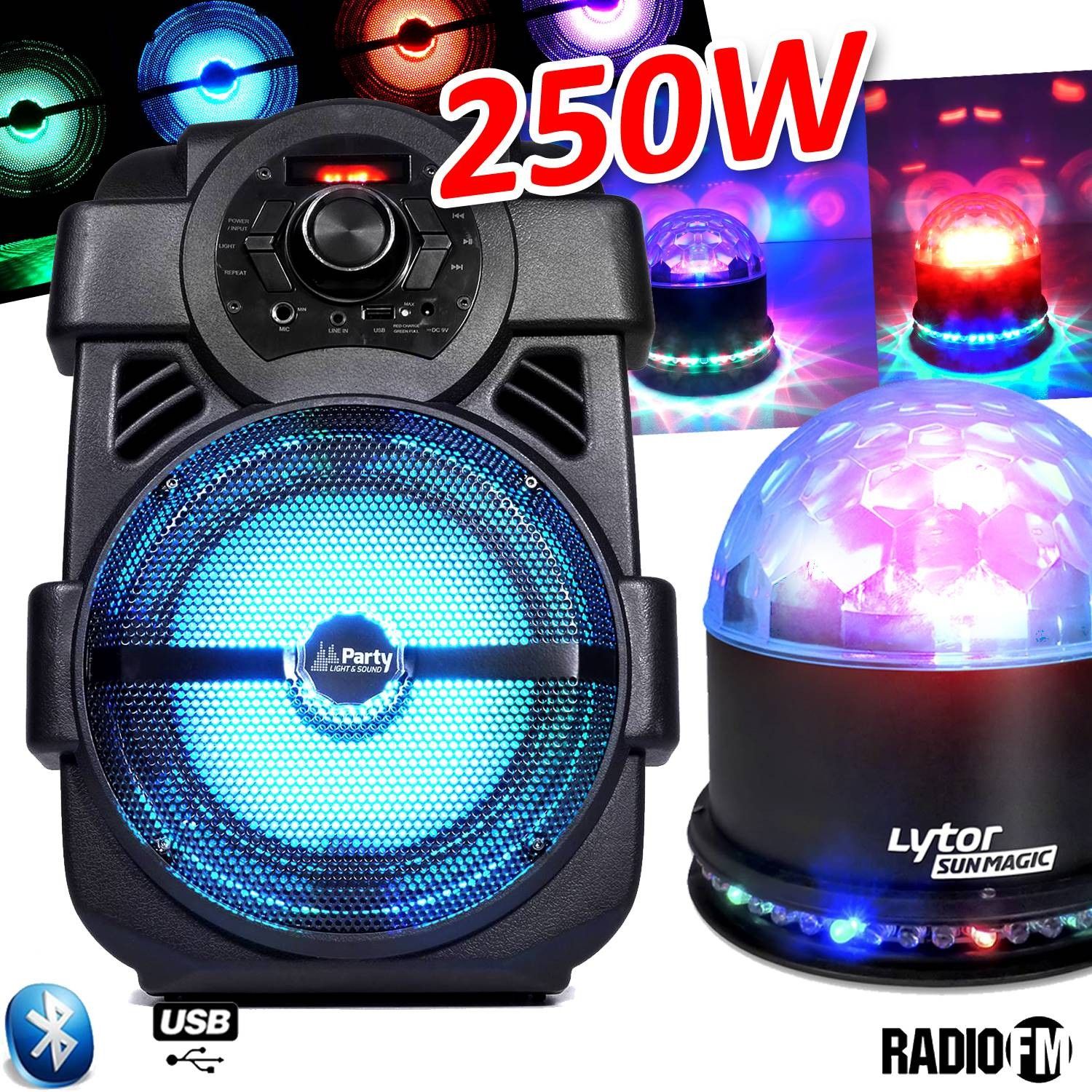 Party Light & Sound Handheld Karaoke Speaker with USB/Bluetooth/FM Radio and LED Lights