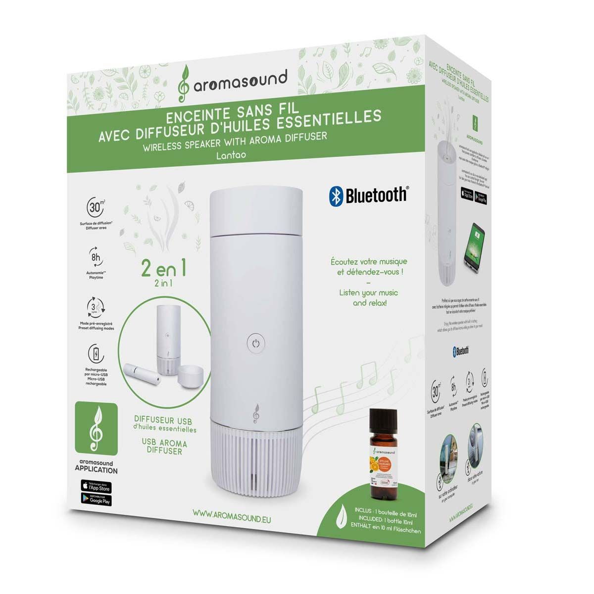 AROMASOUND Wireless Speaker with USB Diffuser, White