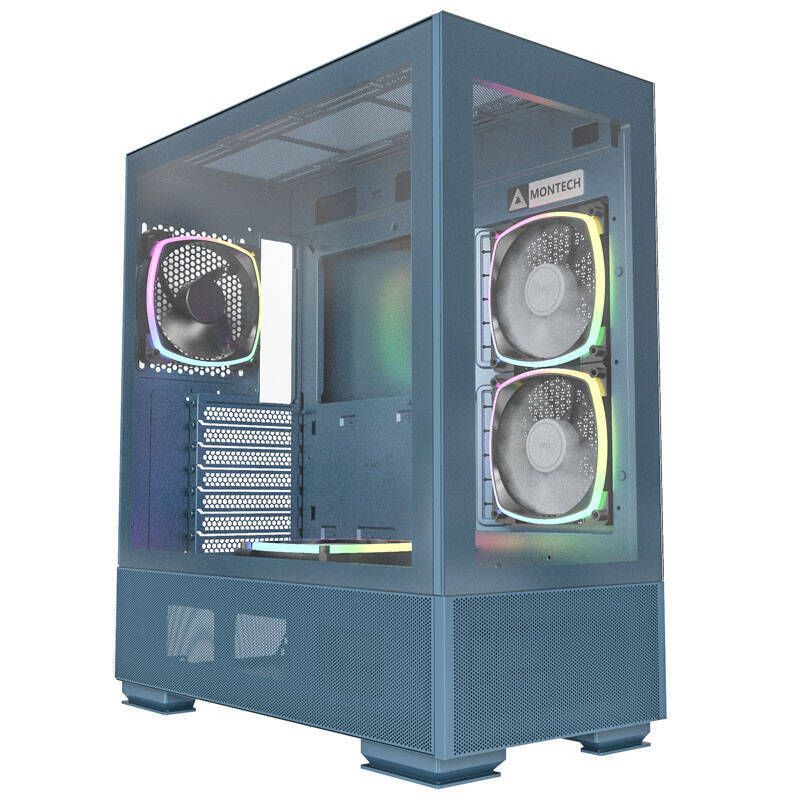 Caja de ordenador Montech Azul SKYTWOM - Torre media ATX con paneles de vidrio y iluminación RGB
