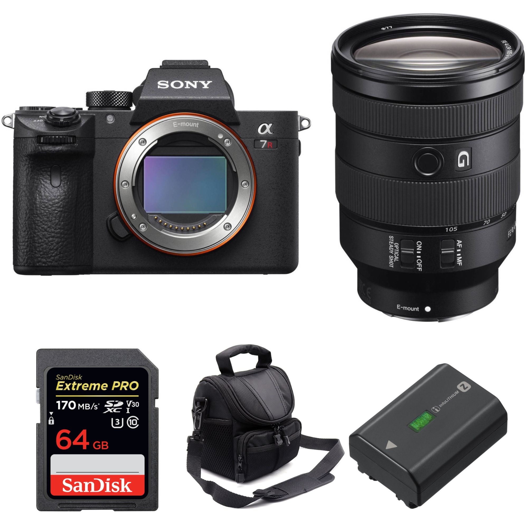 Sony Alpha 7R III Camera + FE 24-105mm F4 G OSS Lens + SanDisk 64GB Extreme PRO Card + Sony NP-FZ100 Battery + 2-Year Warranty Bag