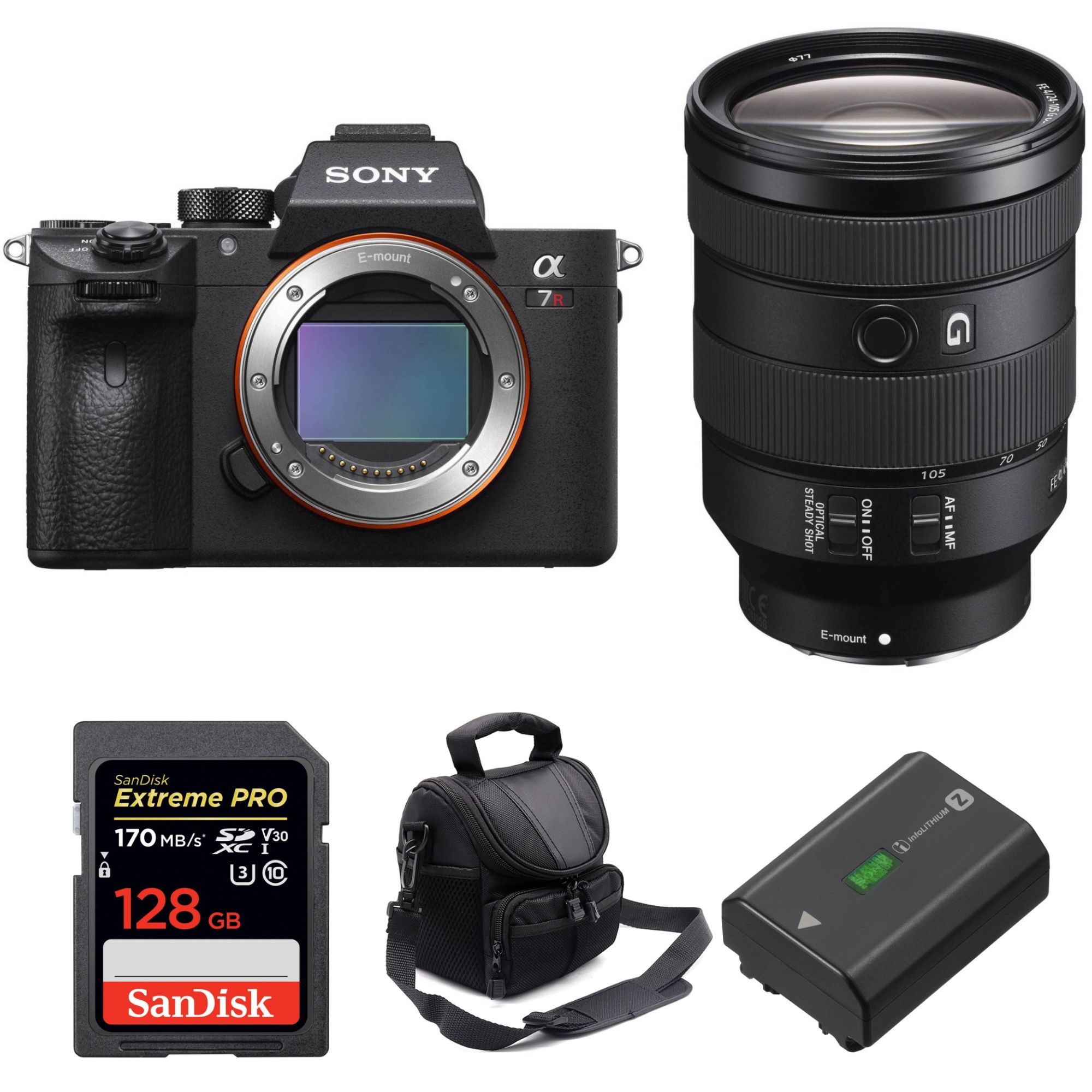 Sony ALPHA 7R III Camera Kit with FE 24-105mm F4 G OSS Lens + SanDisk 128GB Extreme PRO Card + Sony NP-FZ100 Battery + 2-Year Warranty Bag
