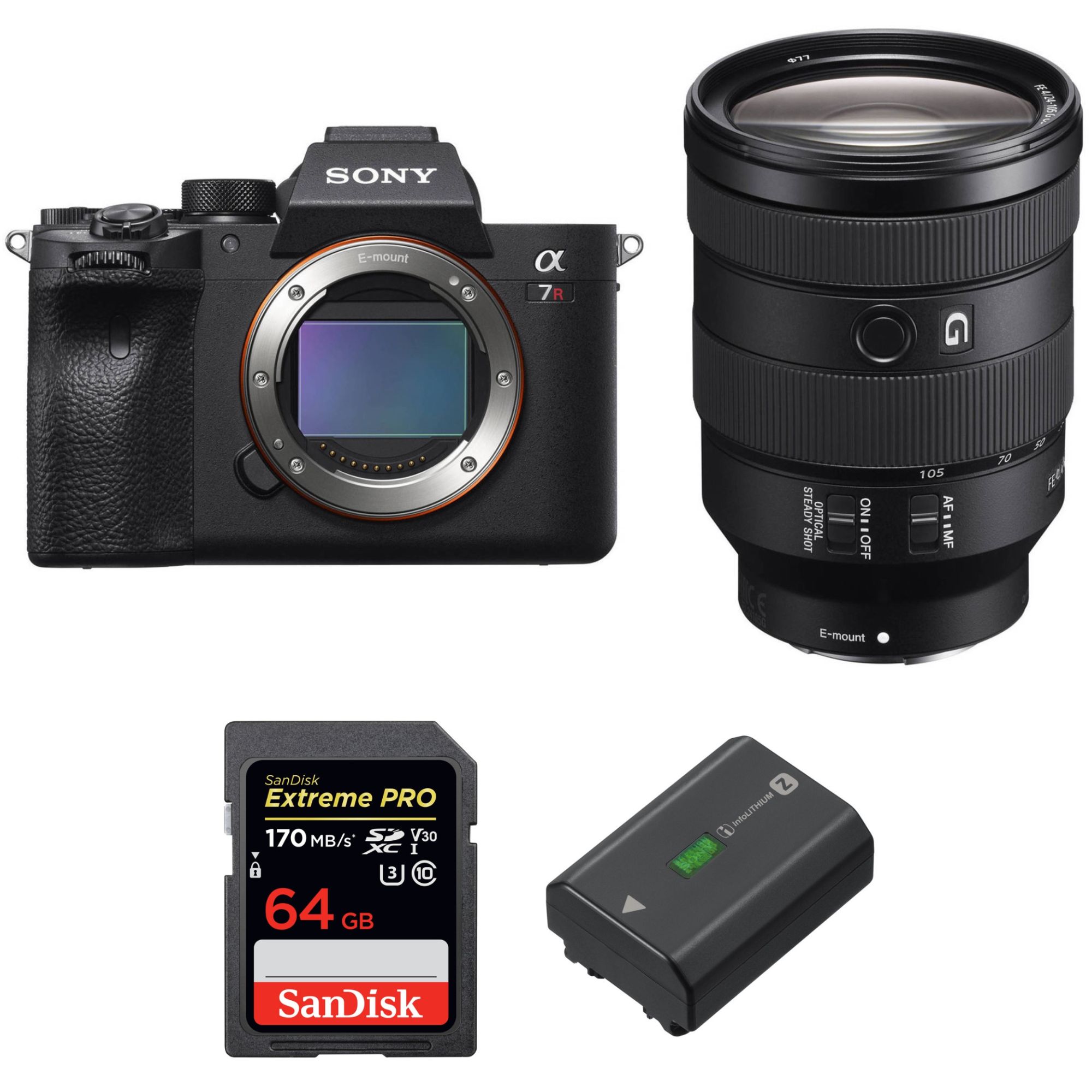 Sony ALPHA 7R IV Camera + FE 24-105mm F4 G OSS Lens + SanDisk 64GB Extreme PRO UHS-I SDXC Card + Sony NP-FZ100 Battery (2-Year Warranty)