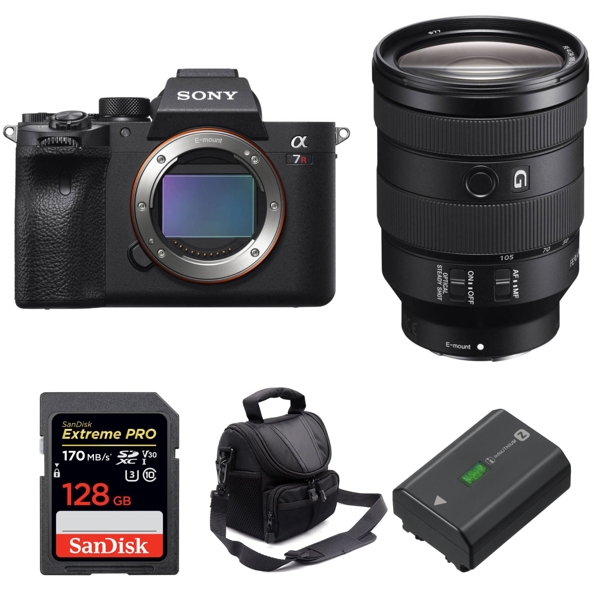 Sony A7R IV + Objectif FE 24-105 mm f/4 G OSS + Carte Sandisk 128 Go Extreme PRO 170 Mo/s + Batterie Sony NP-FZ100 + Sac de garantie 2 ans