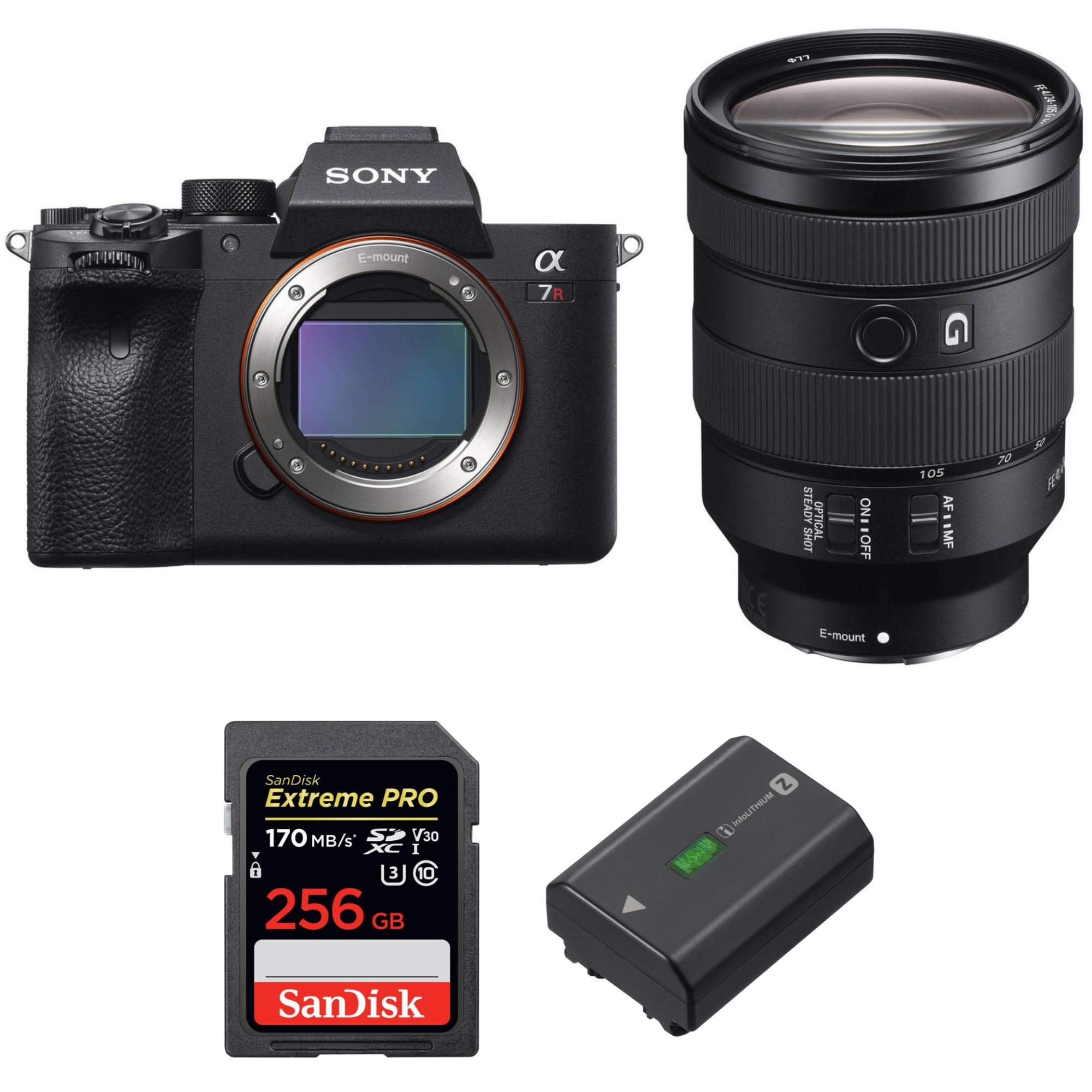 Cámara Sony ALPHA 7R IV + Lente FE 24-105 mm f/4 G OSS + Tarjeta SD SanDisk 256 GB Extreme PRO UHS-I 170 MB/s + Batería Sony NP-FZ100 (garantía de 2 años)