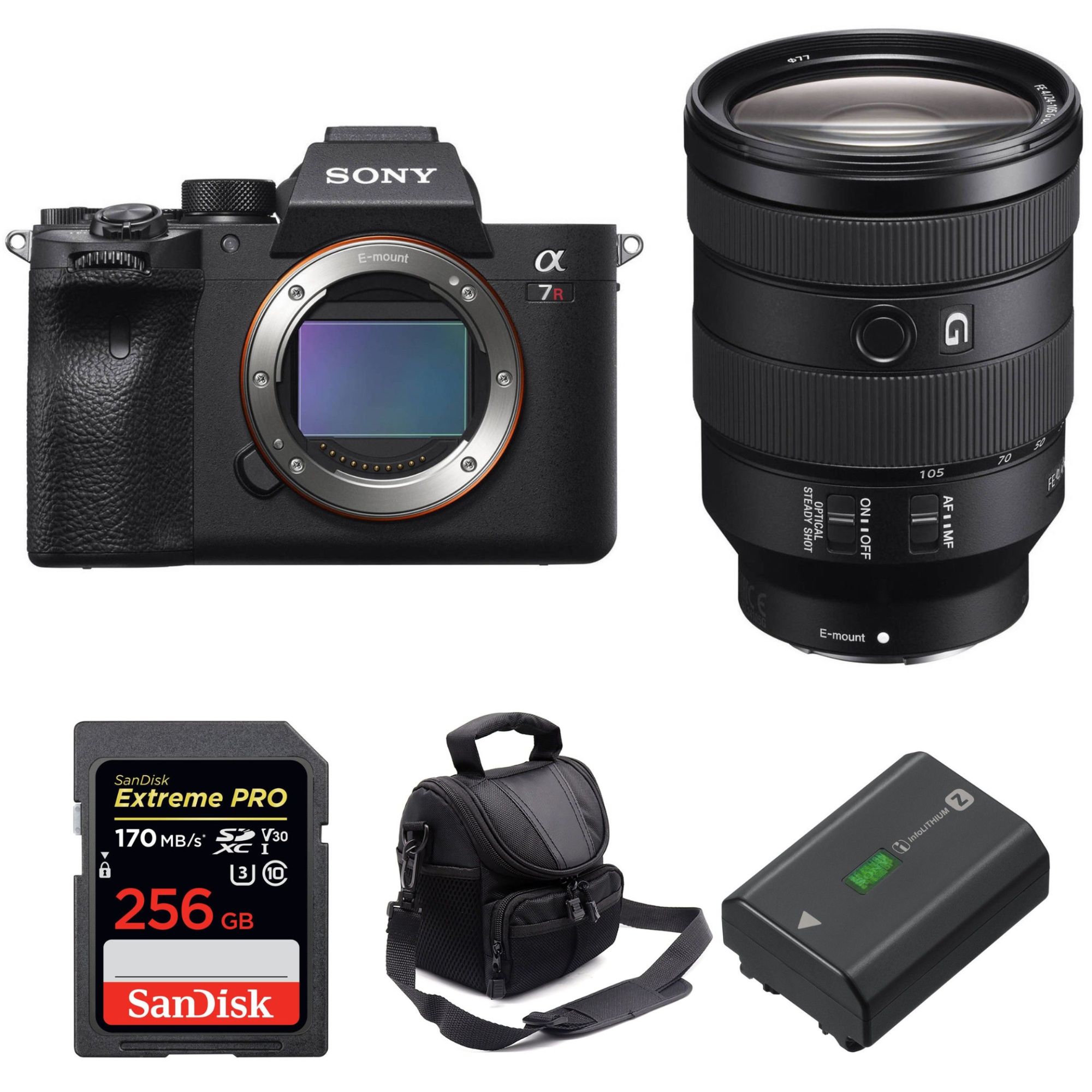 Sony Alpha 7R IV + Objectif FE 24-105 mm f/4 G OSS + Carte SanDisk 256 Go Extreme PRO 170 MB/s + Batterie Sony NP-FZ100 + Sac de garantie 2 ans