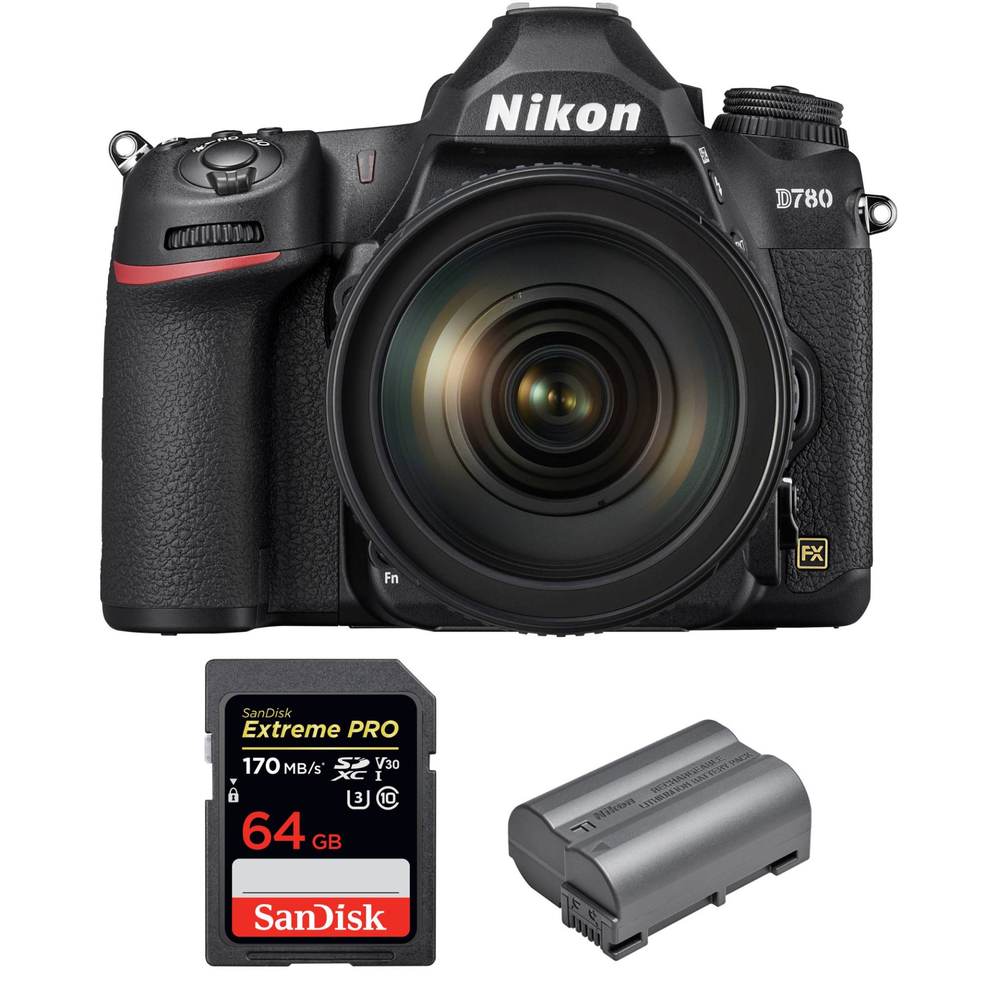 Nikon D780 Full-Frame DSLR Camera + 24-120mm f/4G ED VR Lens + SanDisk 64GB Extreme PRO UHS-I SDXC Card + 2-Year Warranty Bag