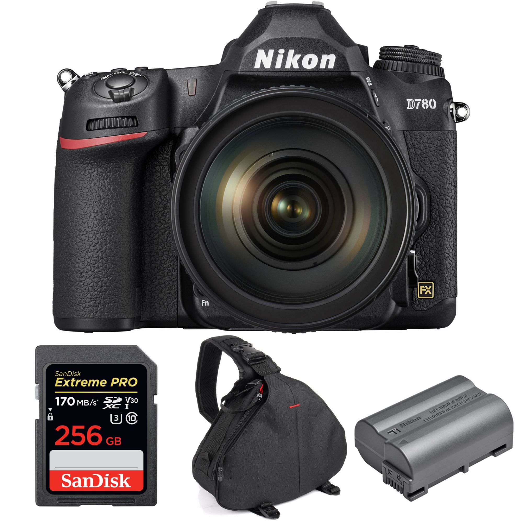 Nikon D780 Full-Frame DSLR Camera + 24-120mm f/4G ED VR Lens + SanDisk 256GB Extreme PRO SDXC Card + Nikon EN-EL15b Battery + 2-Year Warranty Bag