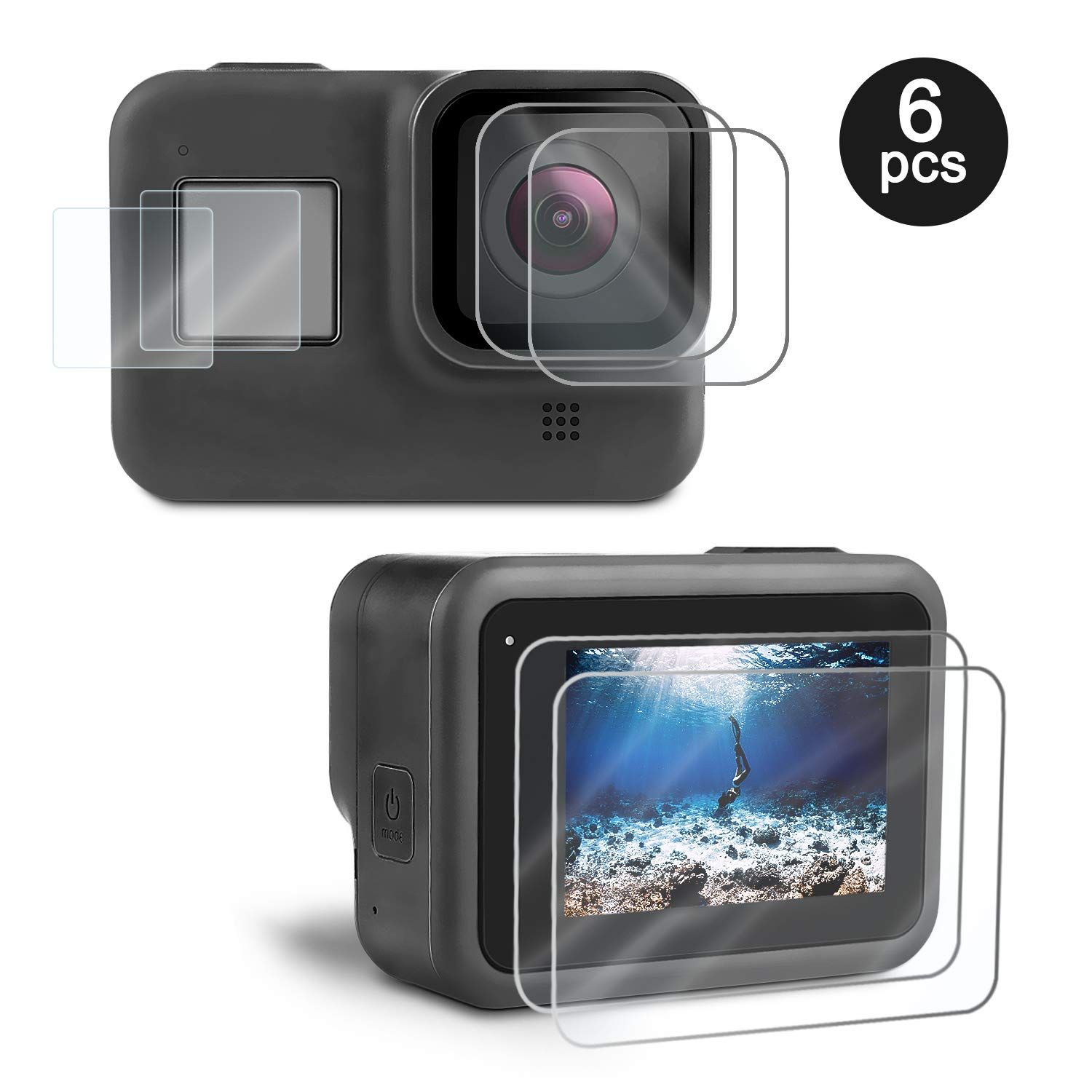 cBox 2 Sets of 3 Glass Screen Protectors for GoPro HERO8 Black (Screen, Lens, and Digital LCD)