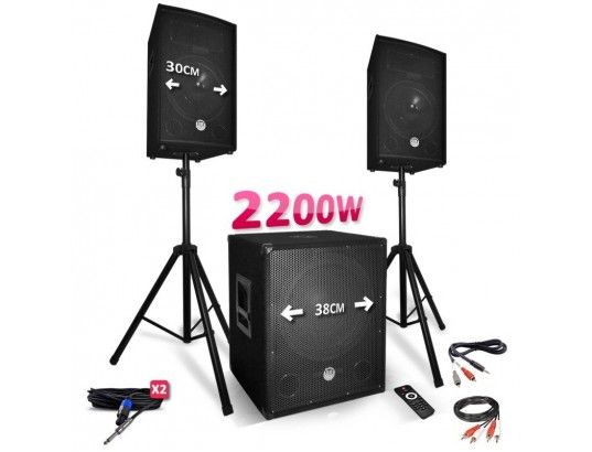 Système de sonorisation BM SONIC 2200W - Enceintes + Caisson + Pieds - USB/Bluetooth