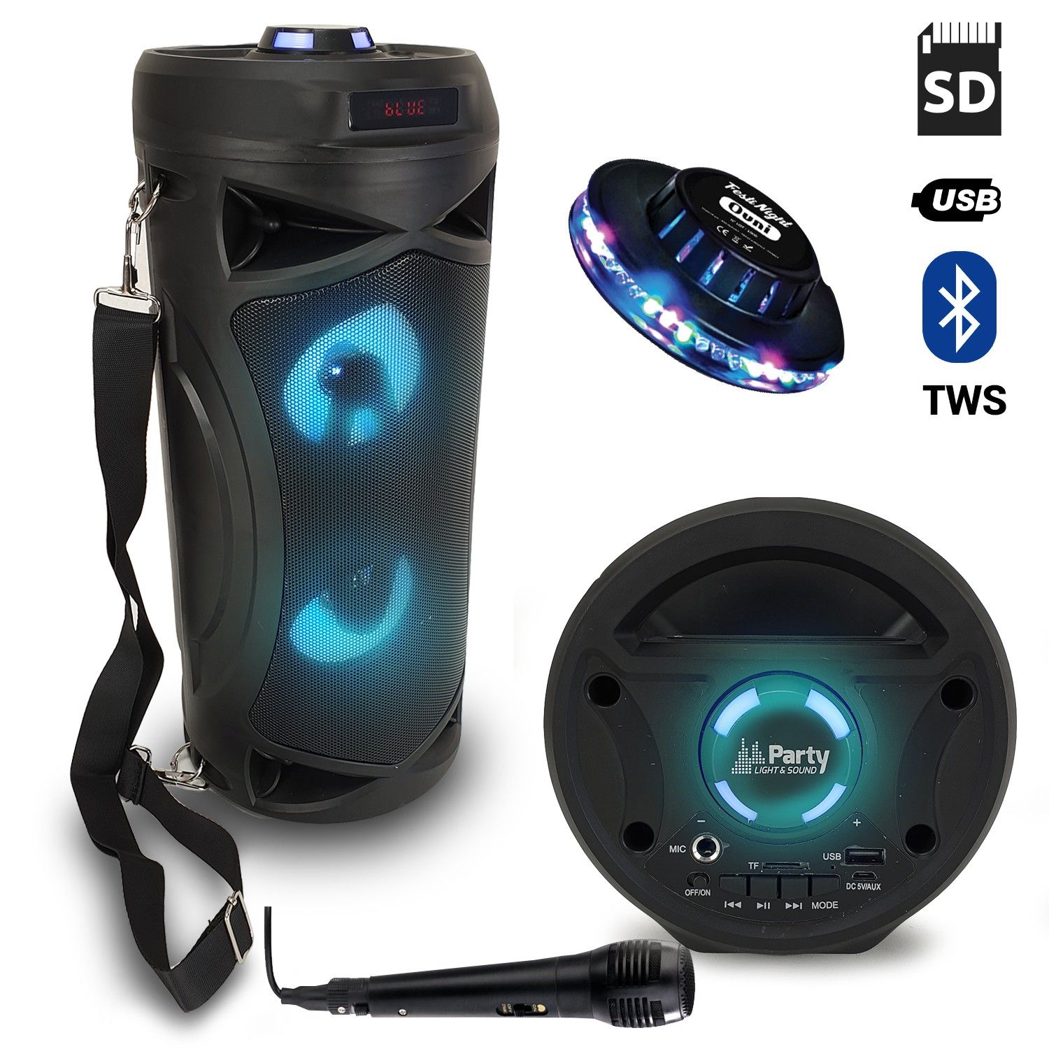 Haut-parleur portable Party Sound SONO DJ avec éclairage LED - TWS - Micro Bluetooth USB/SD + spectacle lumineux Ovni