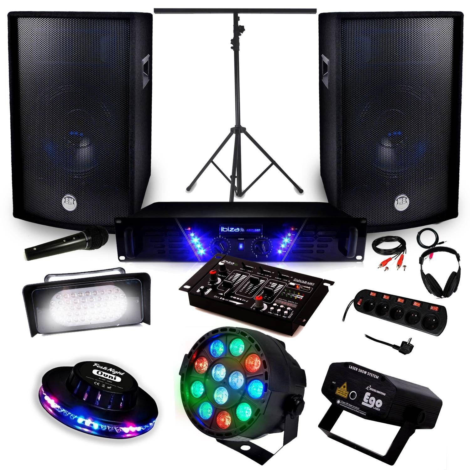 Pack de Sonido IBIZA: Amplificador AMP-300 + Sistema de Altavoces BMS-12 de 1200W + 4 Luces Efecto OVNI RGB Estroboscópicas