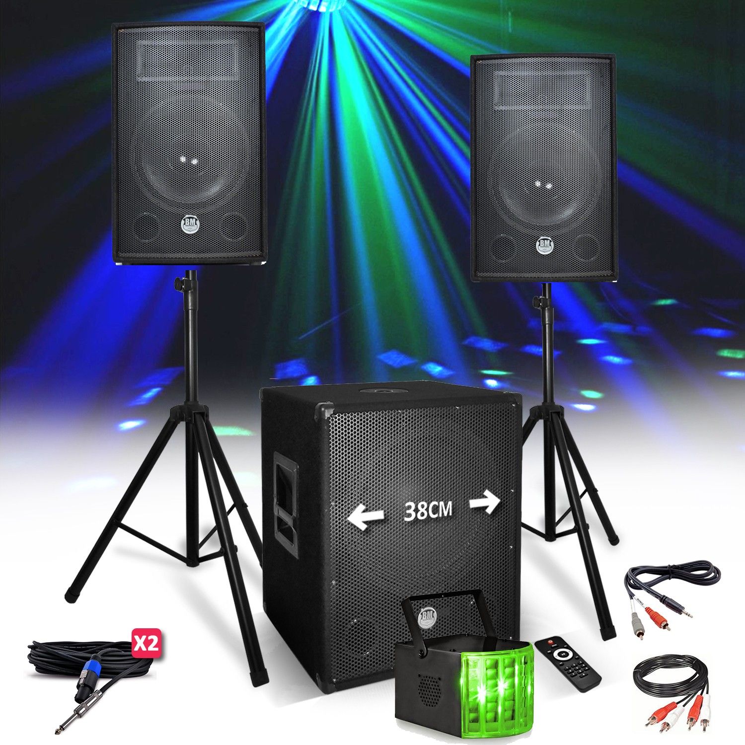 Kit de Sonorización Bm Sonic 1512 - Altavoces 2200W + Subwoofer USB/Bluetooth + Soportes + Luz Derby