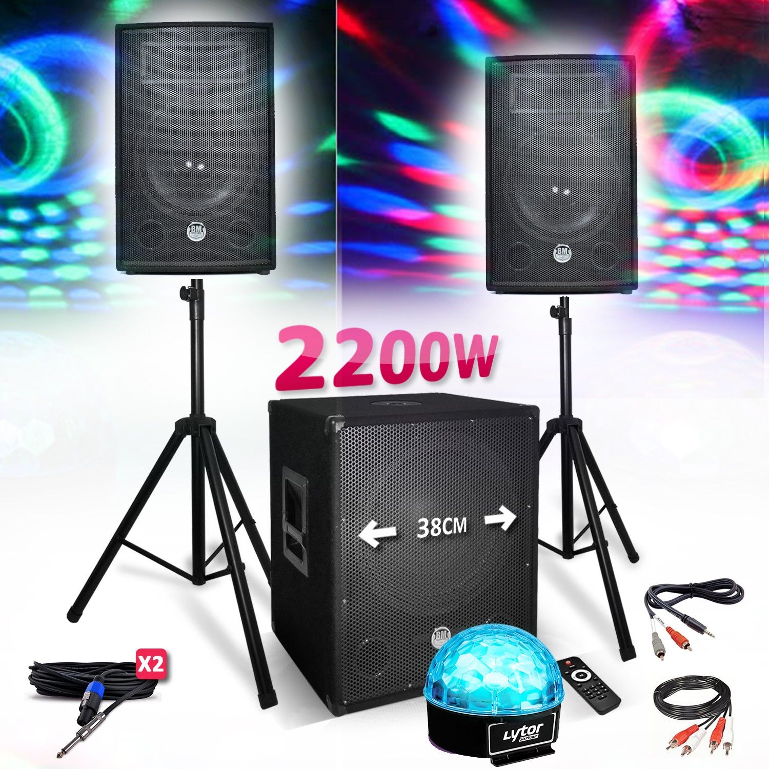 Bm Sonic PACK SONO 1512 - 2200W Speaker System with Subwoofer, Bluetooth & USB, Stand and Light