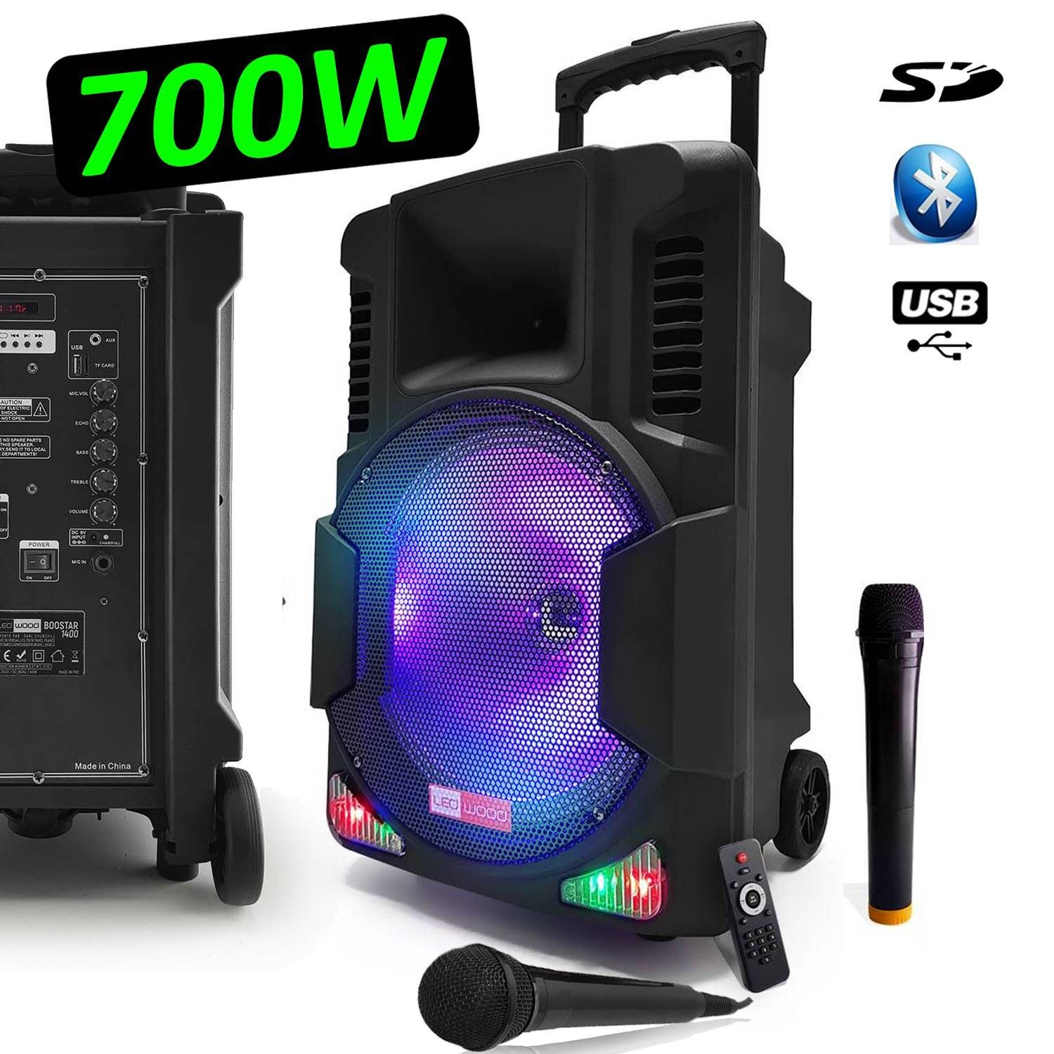 Ledwood 700W Active Speaker with LED RGB Lights and Wireless Microphones - Karaoke, Events