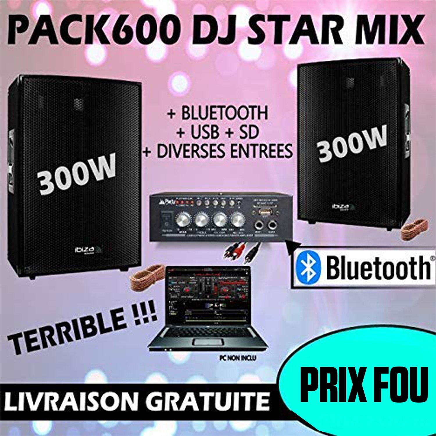 Paquete de sonido Ibiza 600W con amplificador PLS1250 y 2 altavoces de 300W