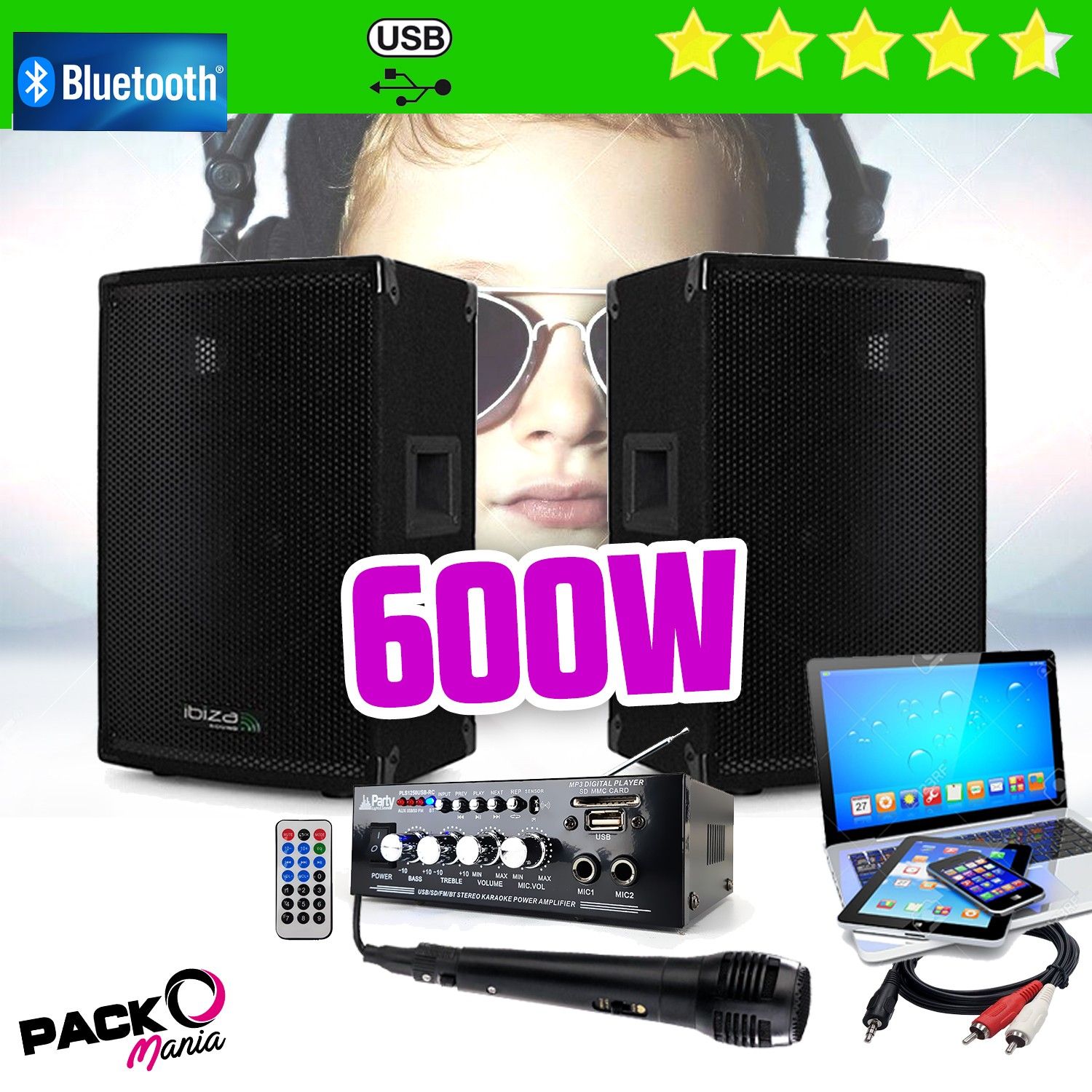Kit de sonido Ibiza de 600W con amplificador PLS1250 y 2 altavoces de 300W