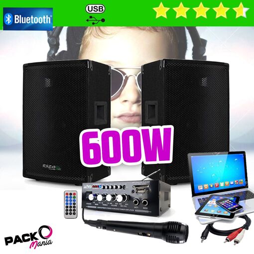 Ibiza 600W Sound Pack with PLS1250 Amplifier and 2 300W Speakers