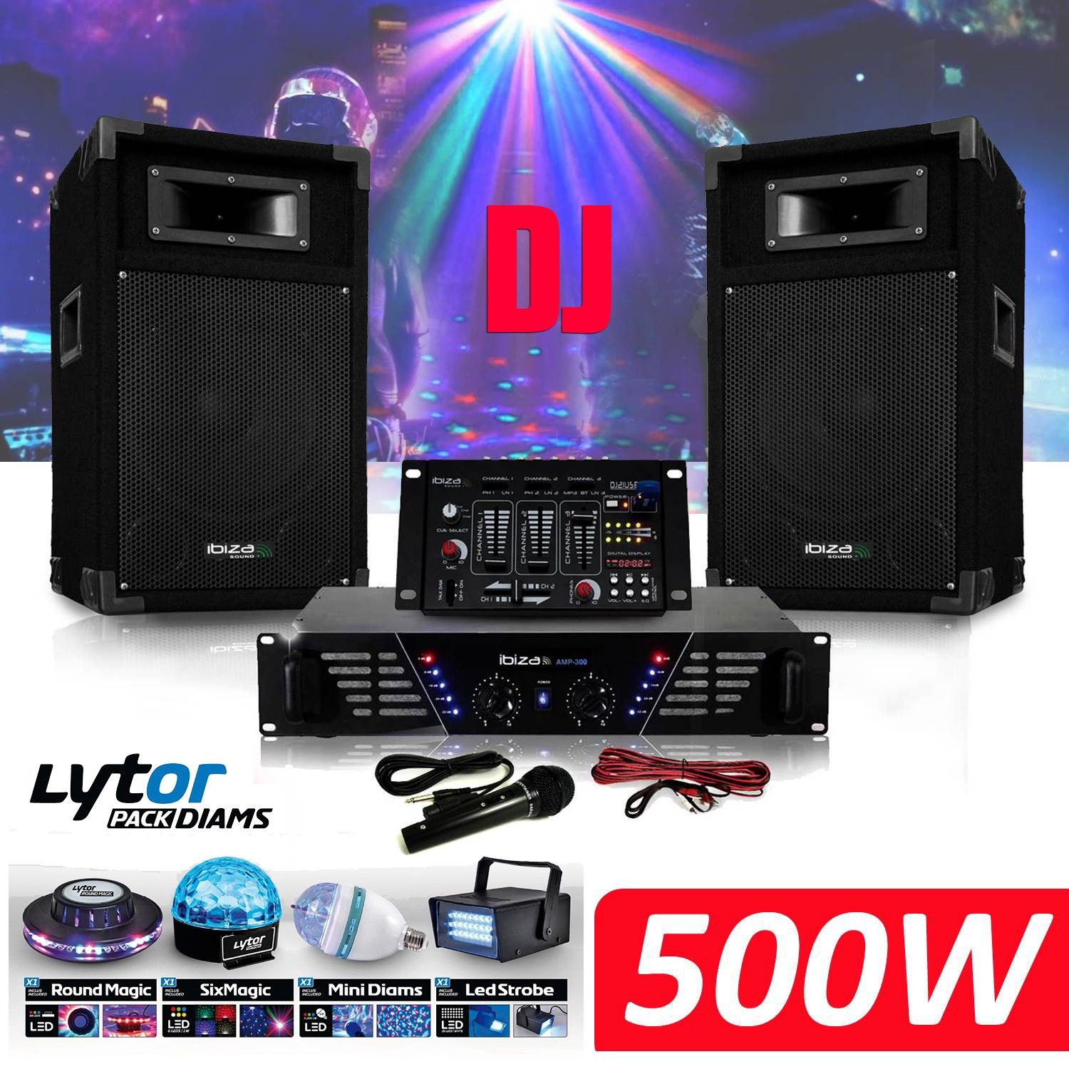 Kit de système sonore complet Ibiza DJ-300 avec haut-parleurs, table de mixage, amplificateur et ensemble d'éclairage