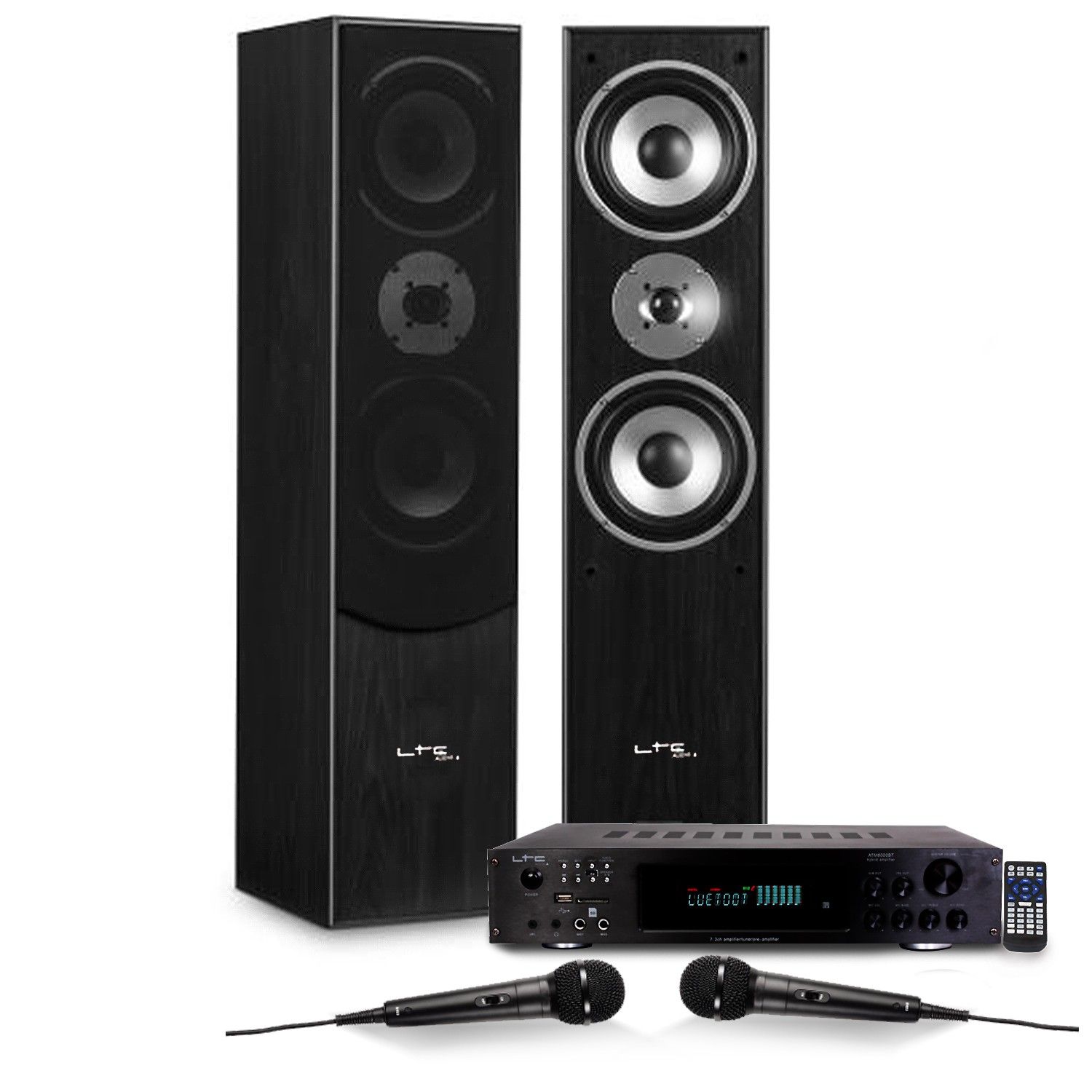 LTC Audio Hifi/Home Cinema/Karaoke Speaker Pack - 700W Column Speakers L766-BK + 2x50W ATM6000BT Amplifier + 2 Microphones