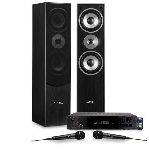 LTC Audio Hifi/Home Cinema/Karaoke Speaker Pack - 700W Column Speakers L766-BK + 2x50W ATM6000BT Amplifier + 2 Microphones