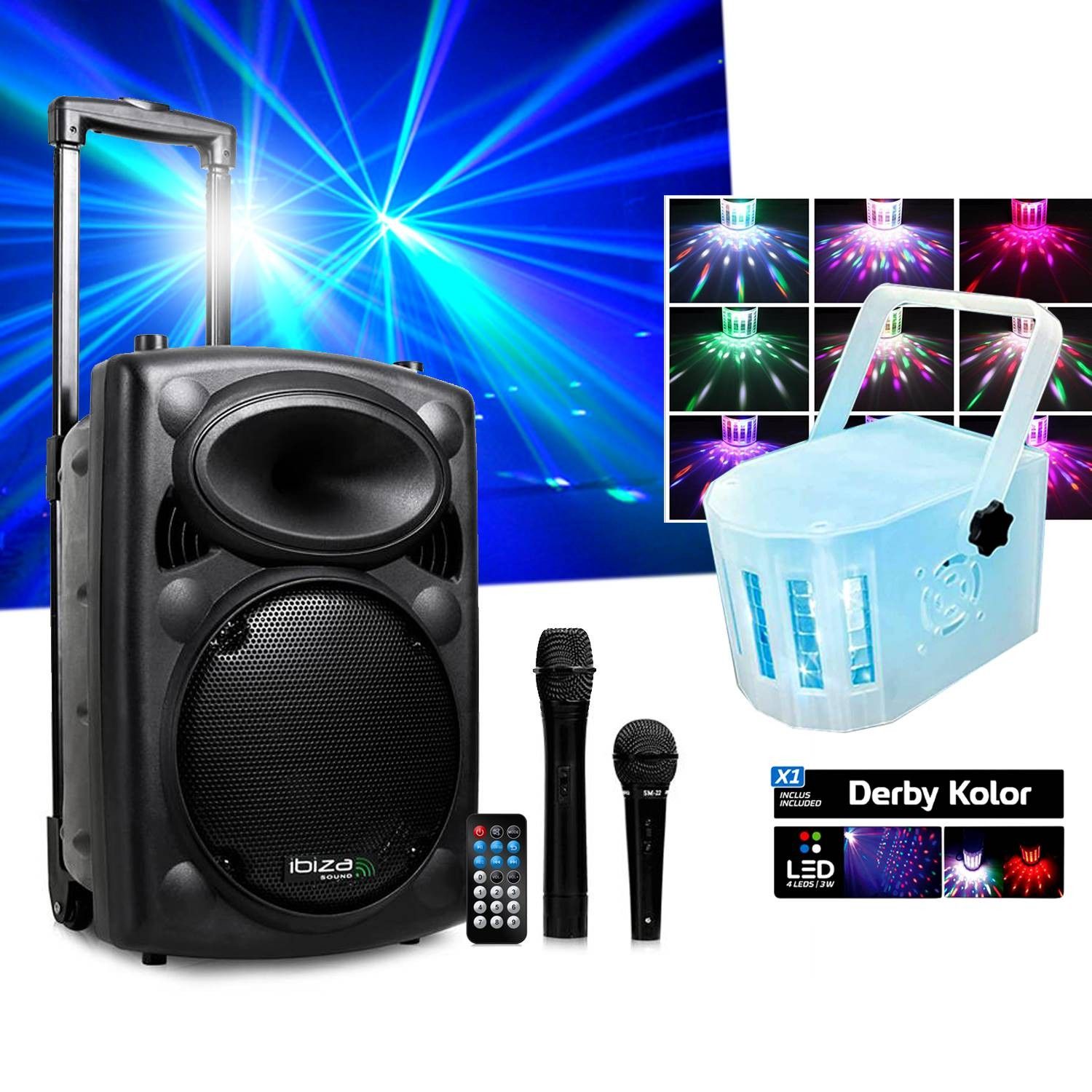 Sistema de karaoke portátil Ibiza 500W USB/MP3 IBIZA PORT10VHF-BT + Mini Derby Kolor RVB