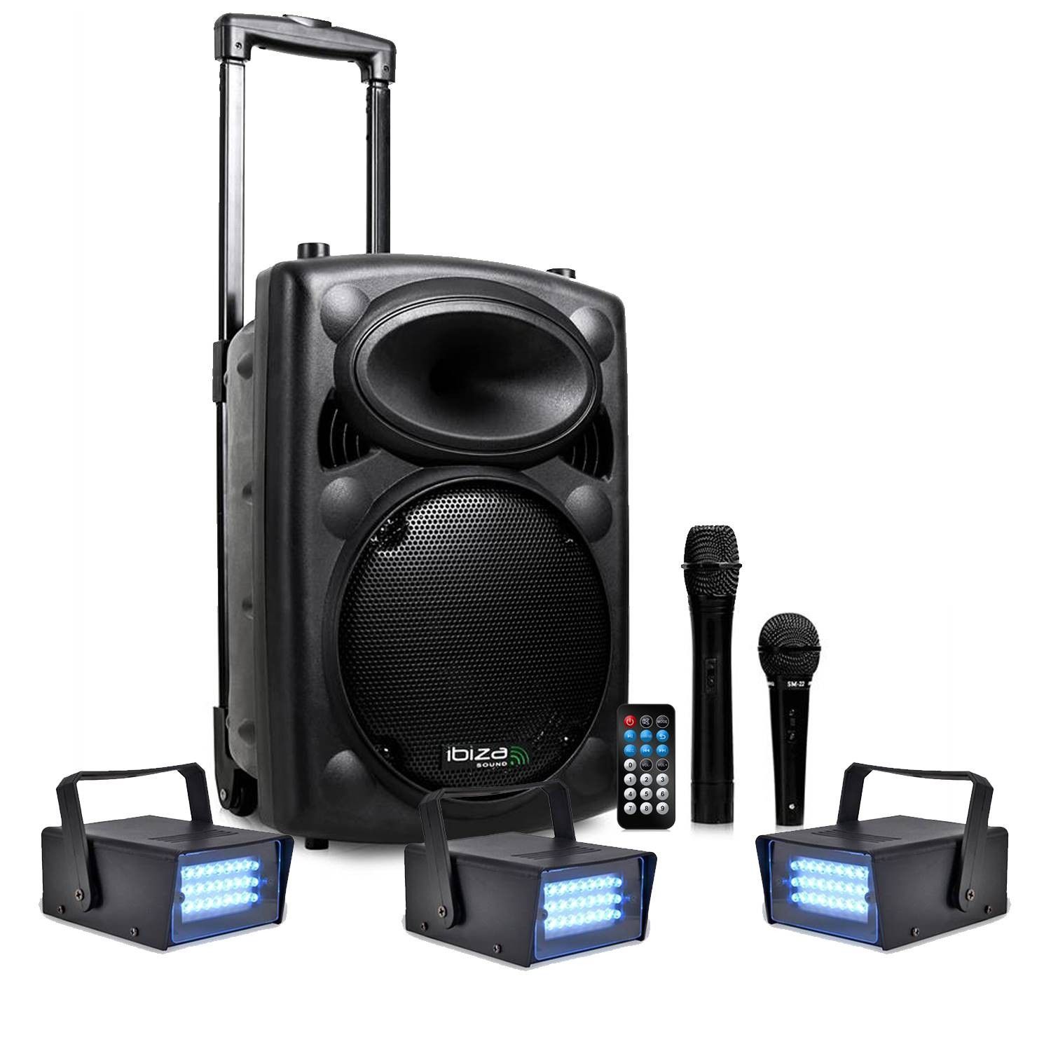 Système mobile de karaoké Ibiza PACK LED IBIZA PORT10VHF-BT 500W avec Bluetooth, USB et MP3 + 3 mini stroboscopes Lytor