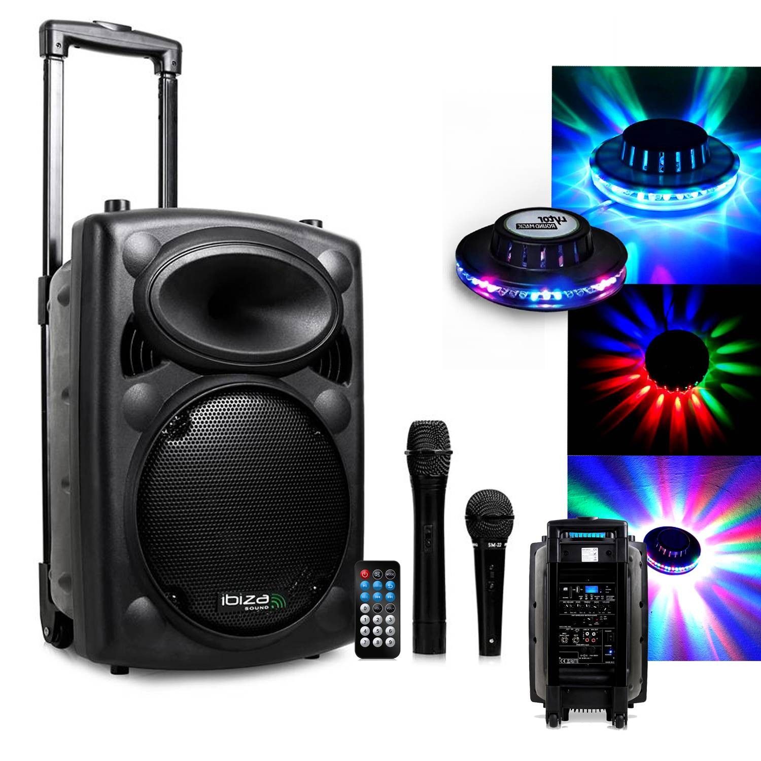 Sistema de karaoke móvil Ibiza 500W con USB/MP3, Bluetooth y efectos LED OVNI