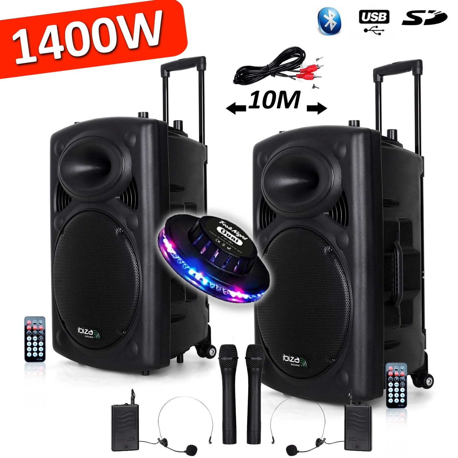 Amplified Portable Battery System 1400W with 12 VHF Speakers for Musicians DJs USB Bluetooth Mobile + FestiNight OVNI Lights