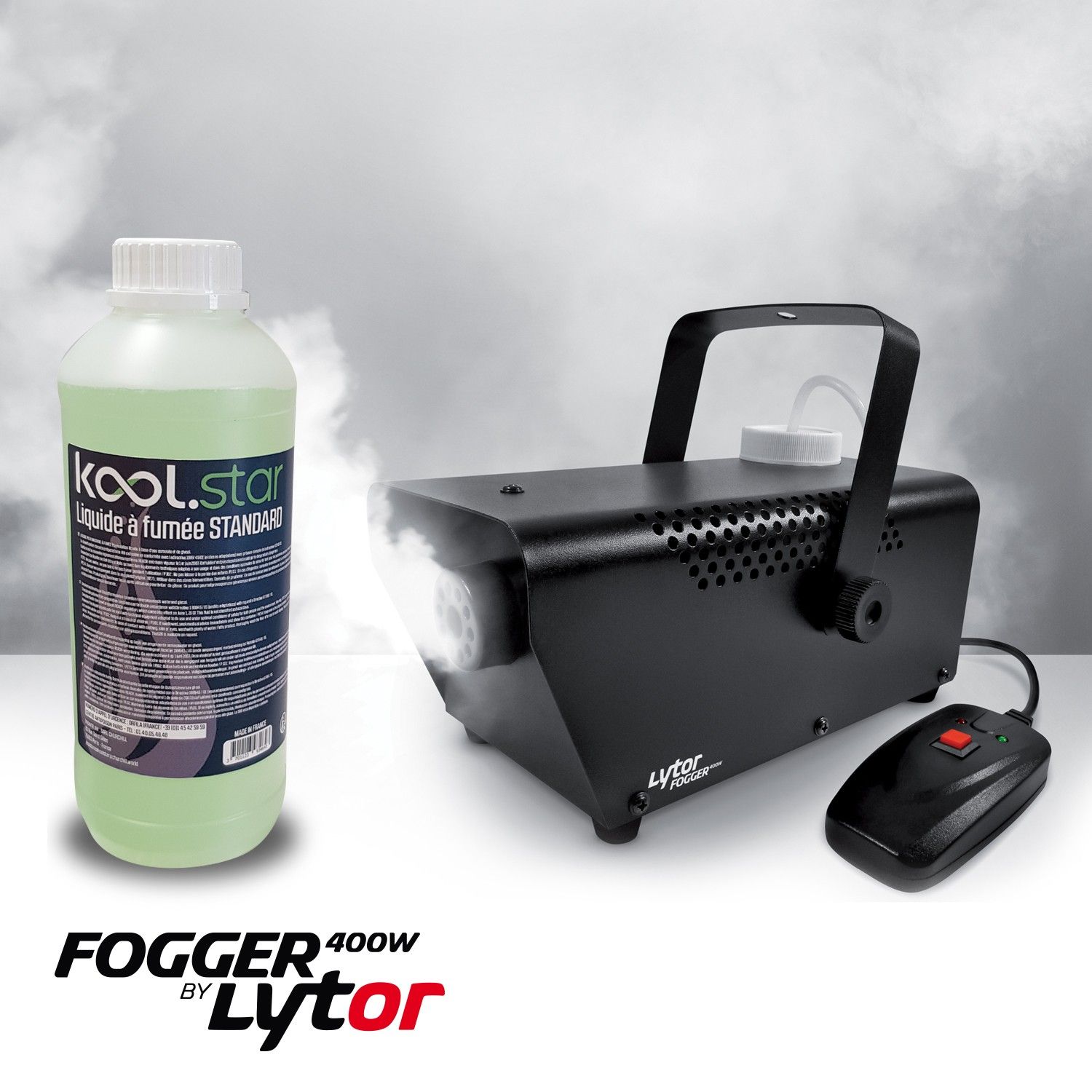 Machine à fumée de poche Koolstar FOGGER400W avec étrier et télécommande filaire - 400W, réservoir de 0,3 L, distance de projection de 3,5 m, livré avec 1 L de liquide (anti-trace)